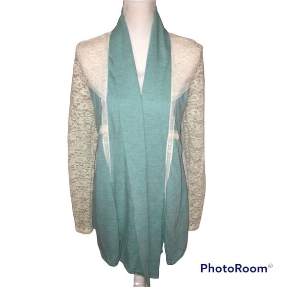 Cream Lace & Mint Green Jacket Medium Open Front Cardigan Jacket Spring - Picture 1 of 9